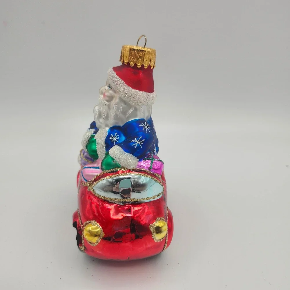 Vintage Polish Blown Glass‎ Santa in Red Car Christmas Ornament Hand Painted